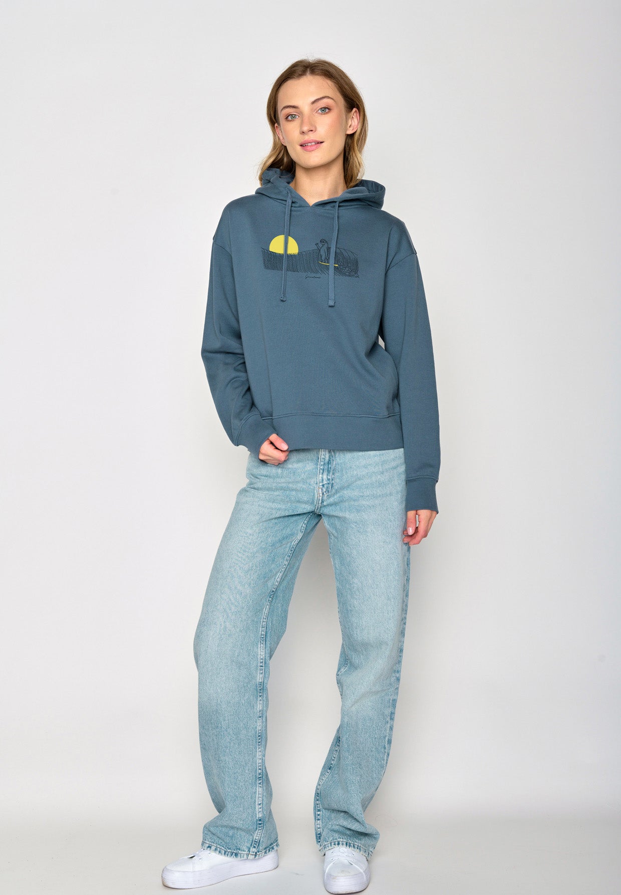 Vintage Blue: Gemütlicher Hoodie aus Bio-Baumwoll Mix für Damen [16770]