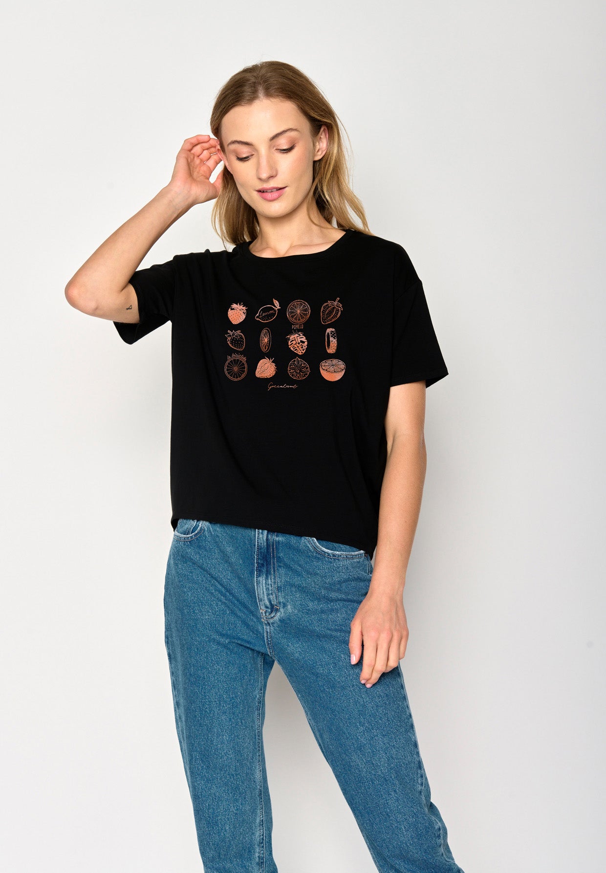 Black: Lässiges T-Shirt aus Bio-Baumwoll Mix für Damen [17050]