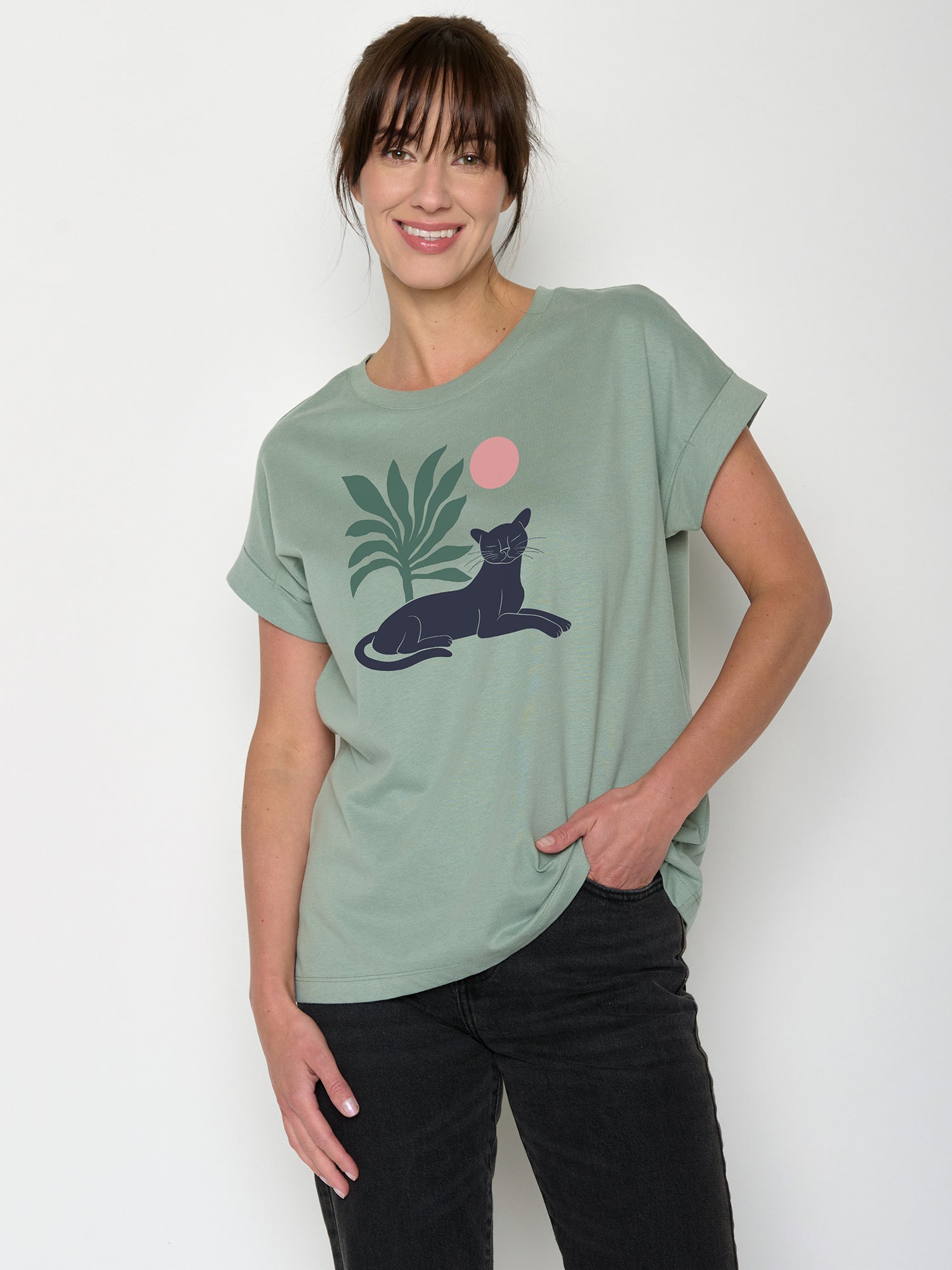 Pale Green: Sportliches T-Shirt aus Bio-Baumwolle mit Rollup Sleeve für Damen [21994]