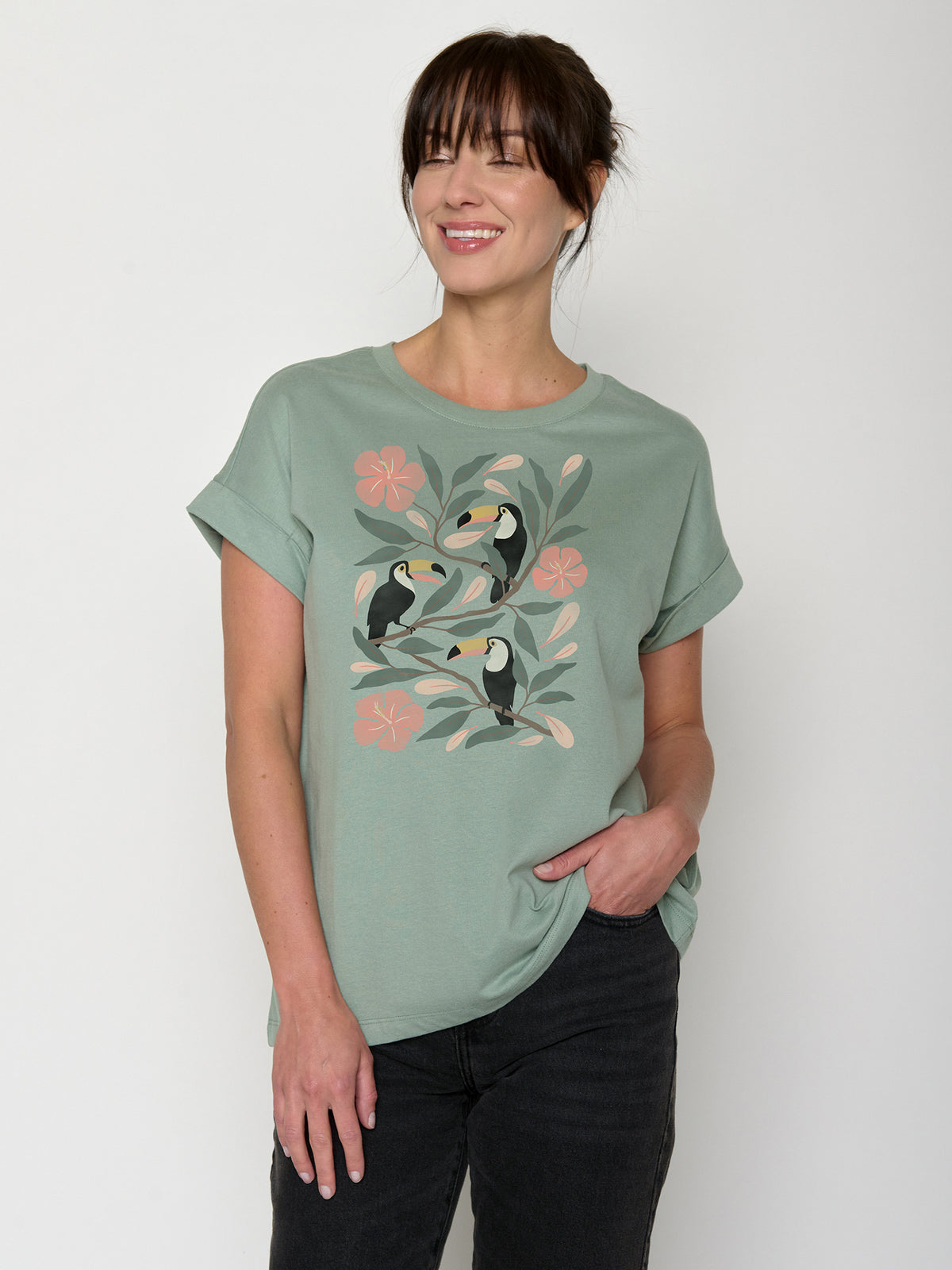 Pale Green: Sportliches T-Shirt aus Bio-Baumwolle mit Rollup Sleeve für Damen [22019]