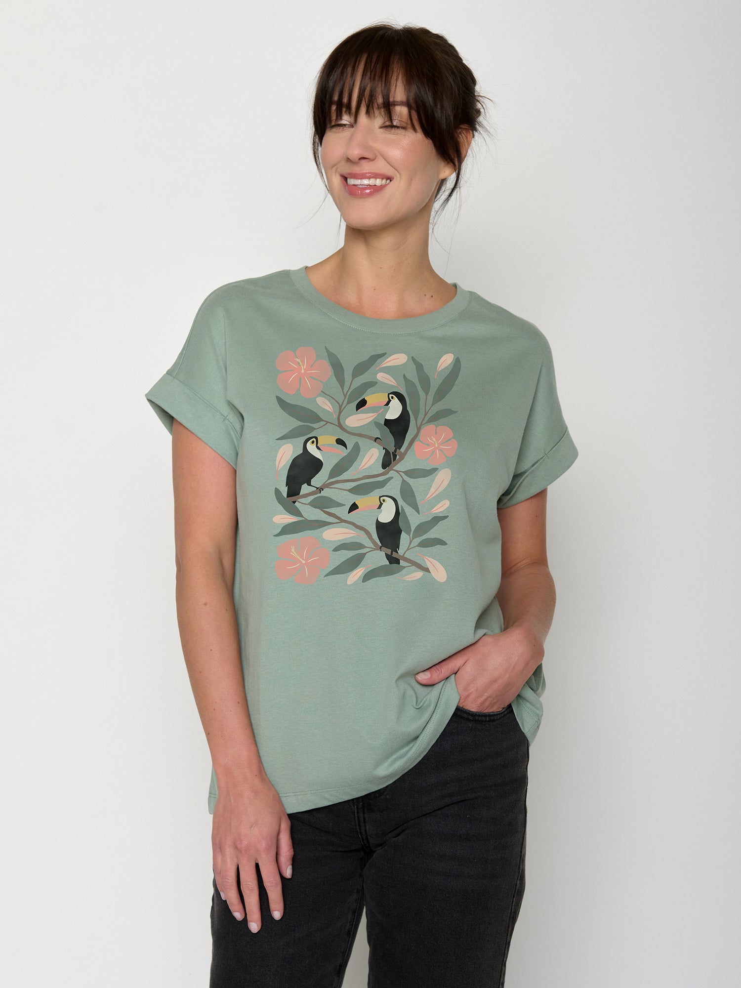 Pale Green: Sportliches T-Shirt aus Bio-Baumwolle mit Rollup Sleeve für Damen [22019]