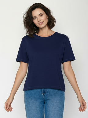 Navy: Kastiges T-Shirt aus Bio-Baumwolle für Damen [24910]