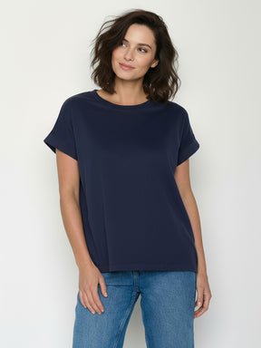 Navy: Sportliches T-Shirt aus Bio-Baumwolle mit Rollup Sleeve für Damen [24920]