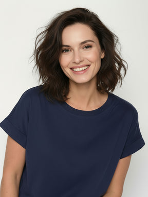 Navy: Sportliches T-Shirt aus Bio-Baumwolle mit Rollup Sleeve für Damen [24921]