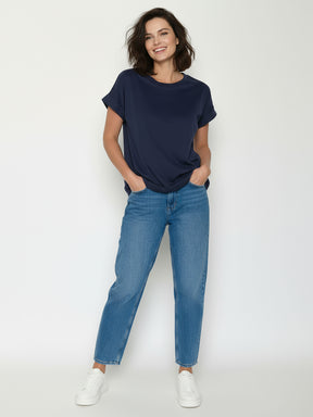Navy: Sportliches T-Shirt aus Bio-Baumwolle mit Rollup Sleeve für Damen [24922]