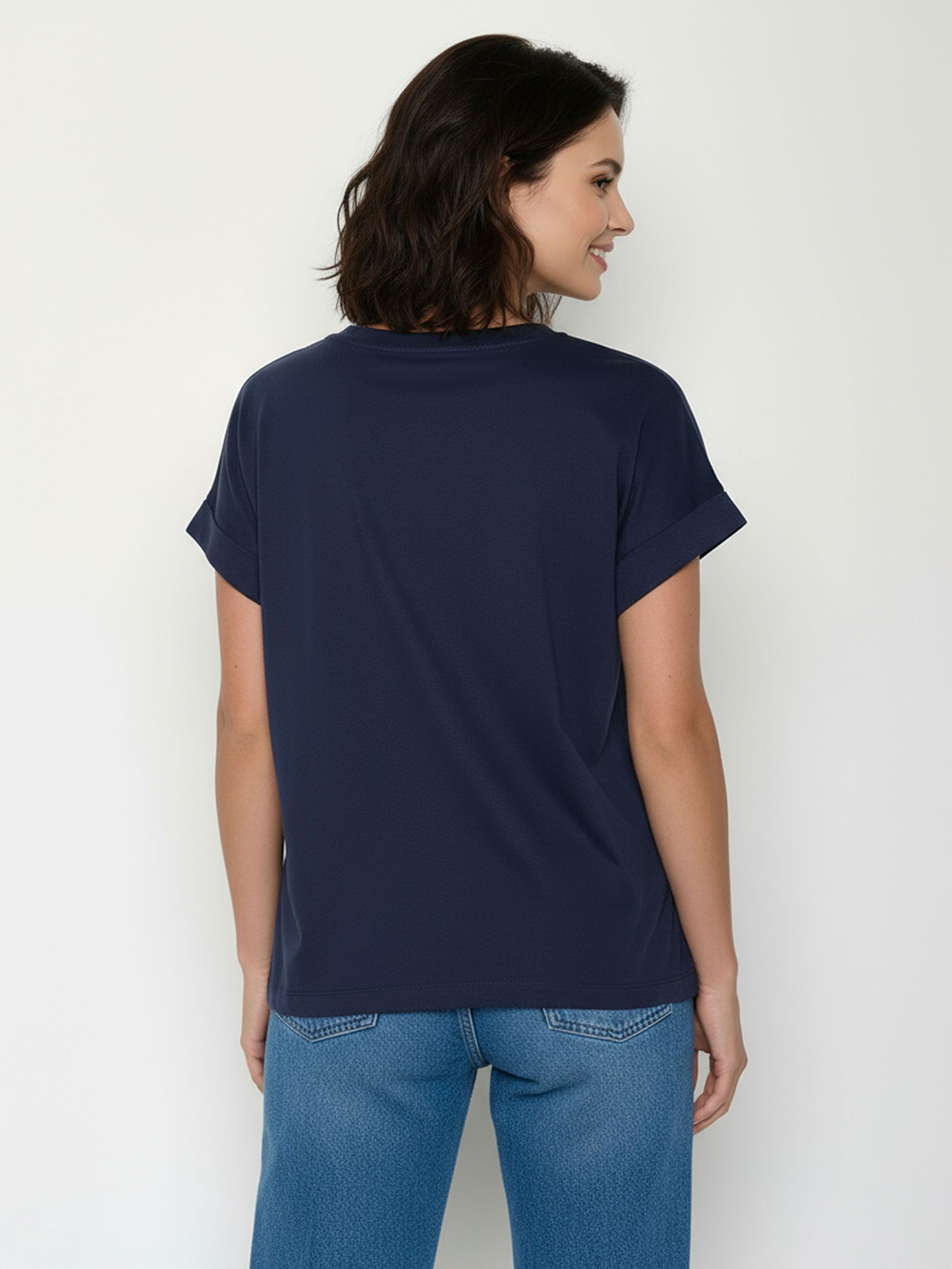 Navy: Sportliches T-Shirt aus Bio-Baumwolle mit Rollup Sleeve für Damen [24923]