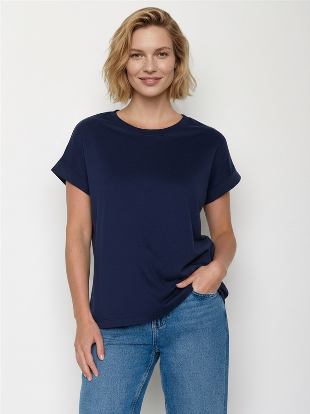 Navy: Sportliches T-Shirt aus Bio-Baumwolle mit Rollup Sleeve für Damen [27795]