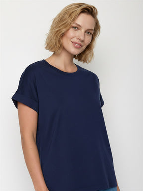 Navy: Sportliches T-Shirt aus Bio-Baumwolle mit Rollup Sleeve für Damen [27796]