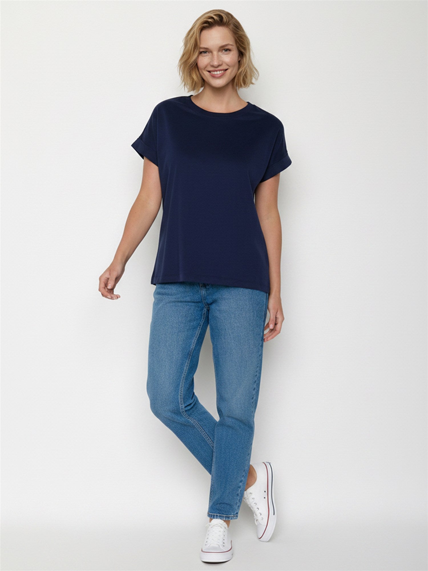 Navy: Sportliches T-Shirt aus Bio-Baumwolle mit Rollup Sleeve für Damen [27798]