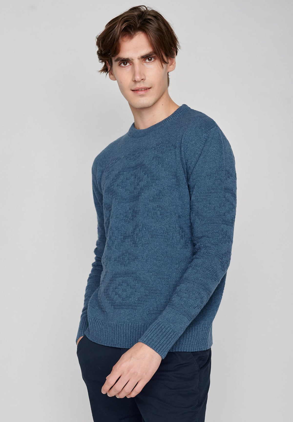 Blauer Eleganter Strickpullover aus Wolle und Bio-Baumwole für Herren (1)