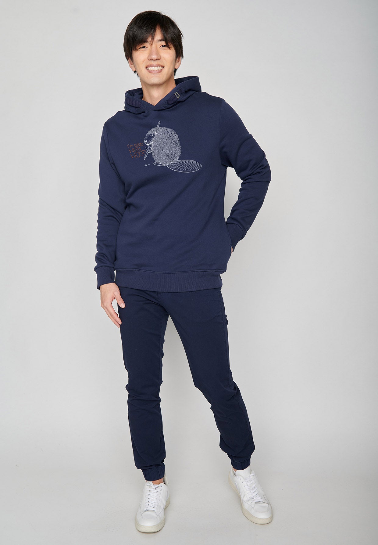 Navy: Kuschliger Hoodie aus Bio-Baumwolle für Herren [6467]