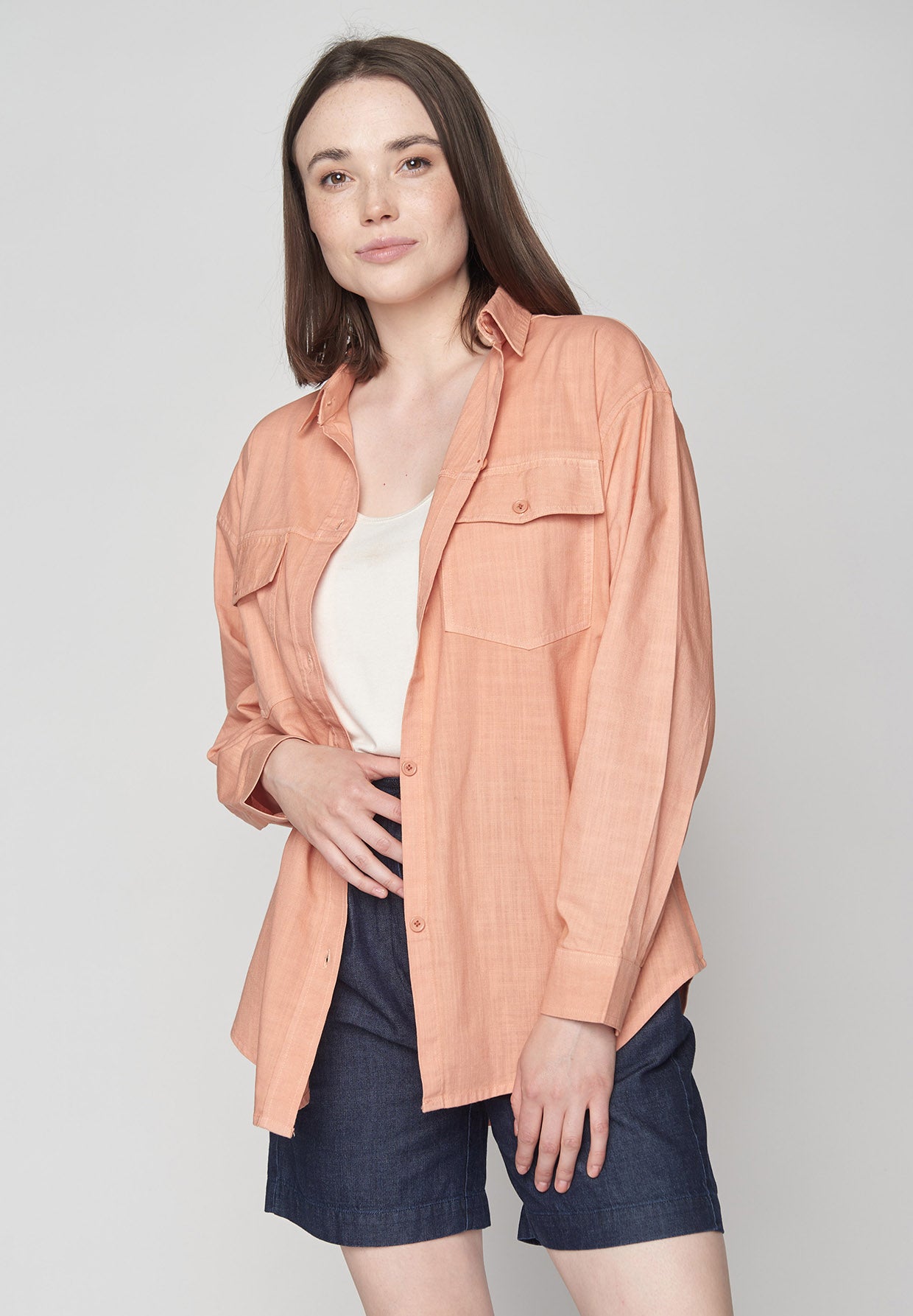 Oranger Lässige Hemdjacke aus Bio-Baumwolle für Damen (7)