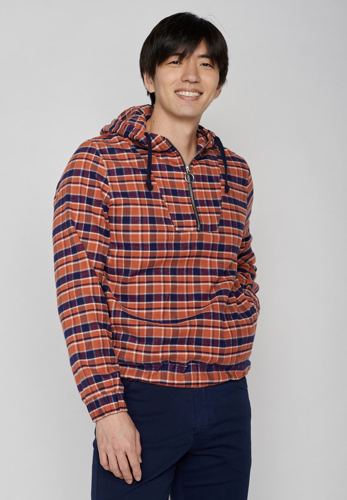 Burned Orange Check: Lässiger Half-Zip aus Bio-Baumwolle für Herren [7927]