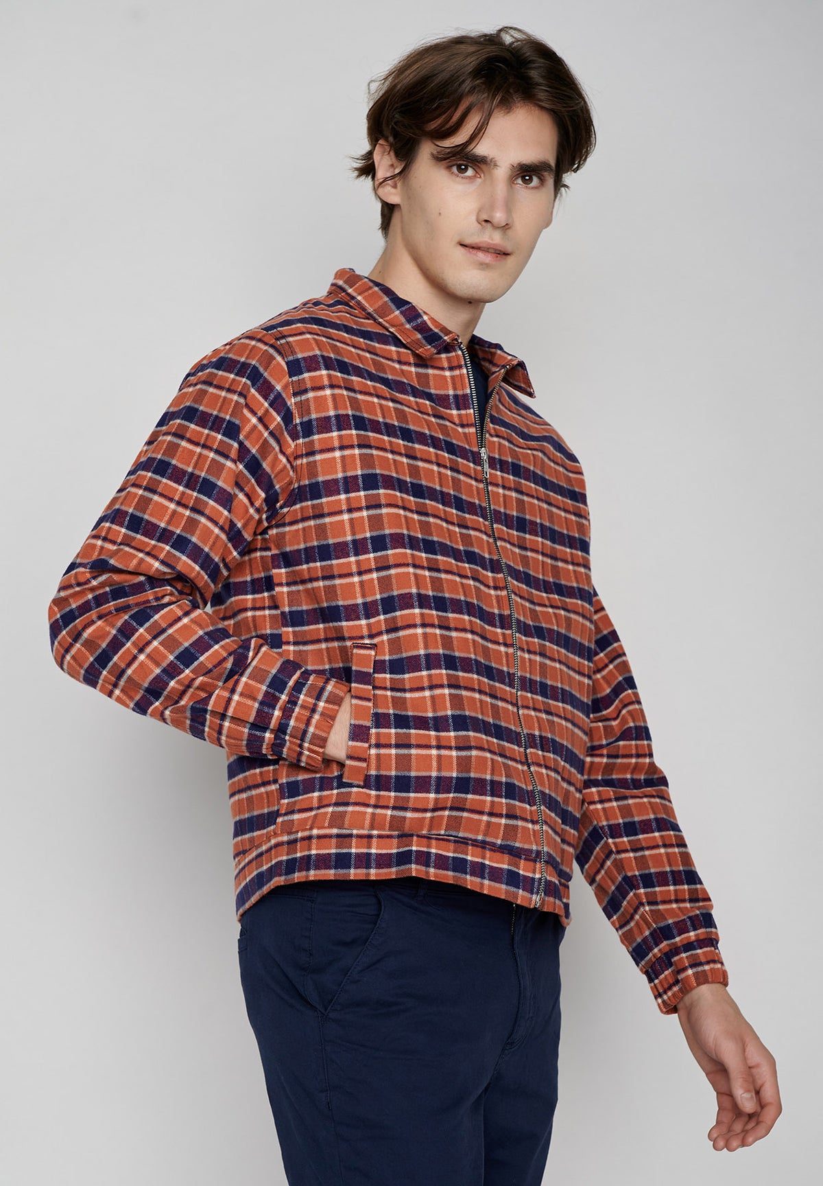 Burned Orange Check: Lässige Jacke aus Bio-Baumwolle für Herren [7933]