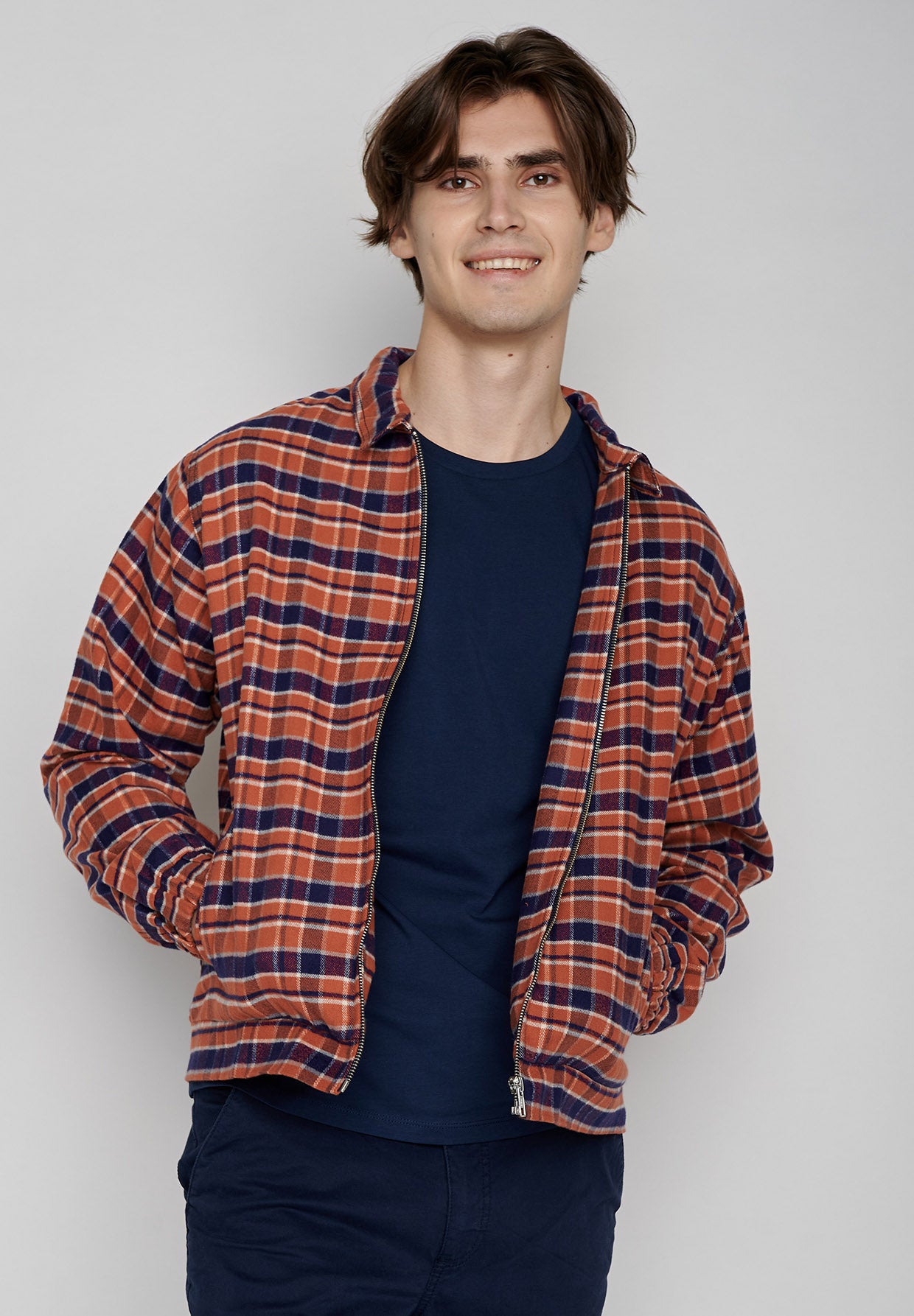 Burned Orange Check: Lässige Jacke aus Bio-Baumwolle für Herren [7936]