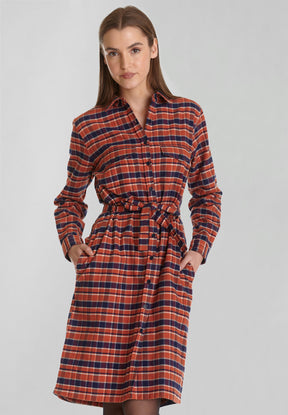 Burned Orange Check: Elegantes Kleid aus Bio-Baumwolle für Damen [8206]