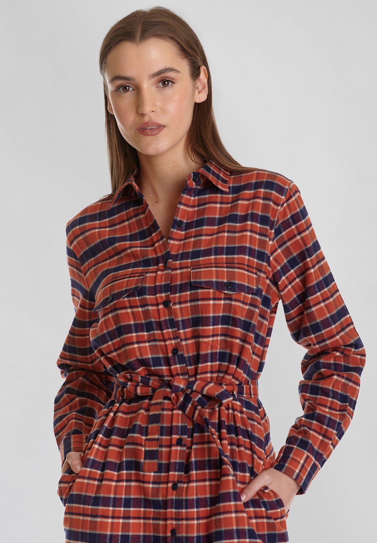 Burned Orange Check: Elegantes Kleid aus Bio-Baumwolle für Damen [8207]
