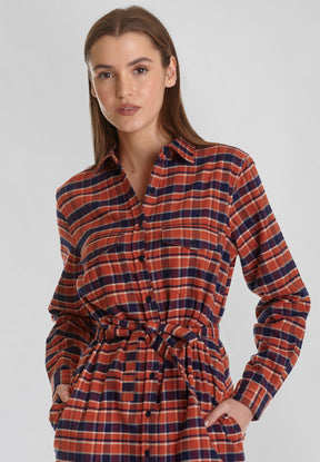 Burned Orange Check: Elegantes Kleid aus Bio-Baumwolle für Damen [8207]