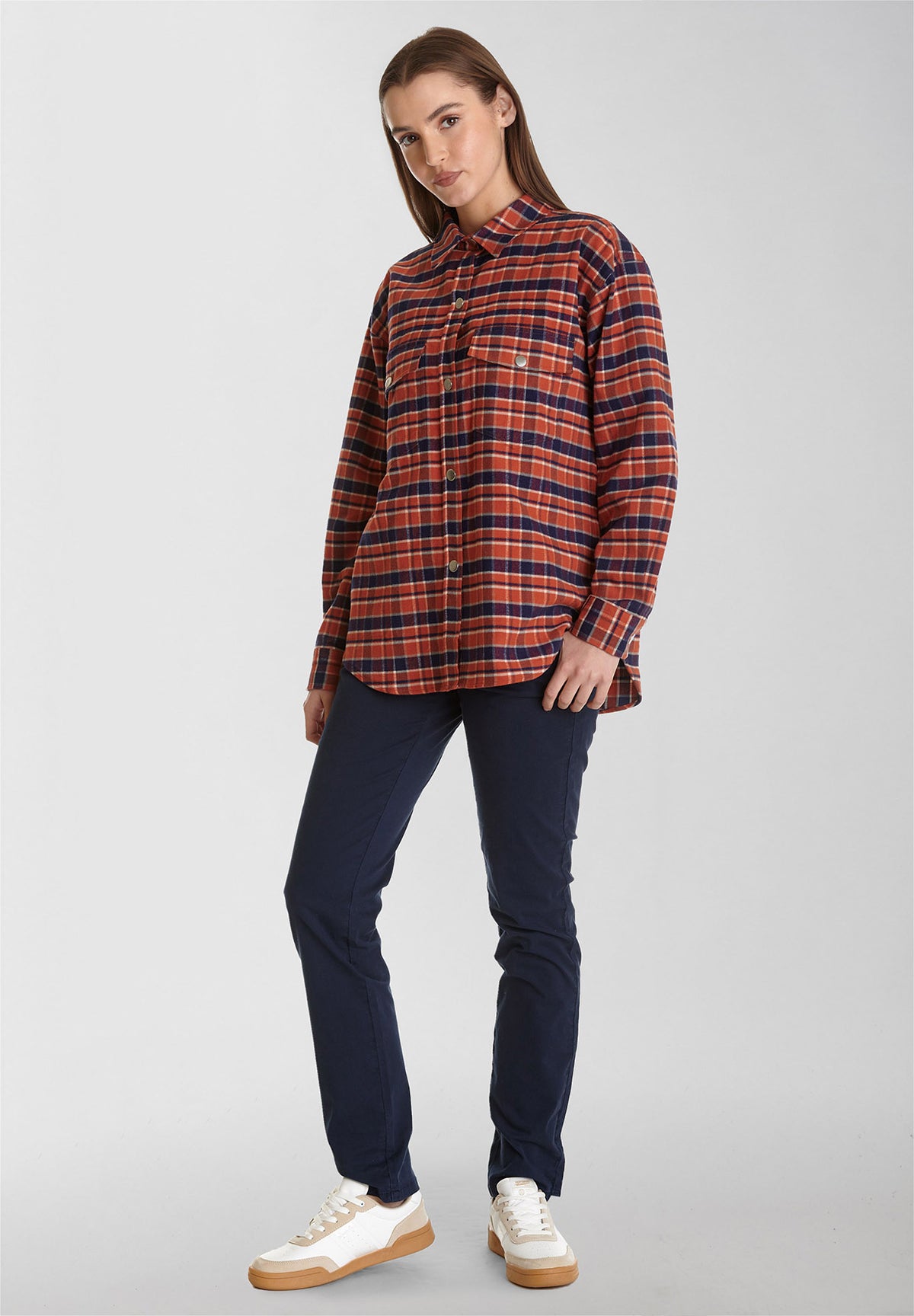 Burned Orange Check: Lässige Hemdjacke aus Bio-Baumwolle für Damen [8210]