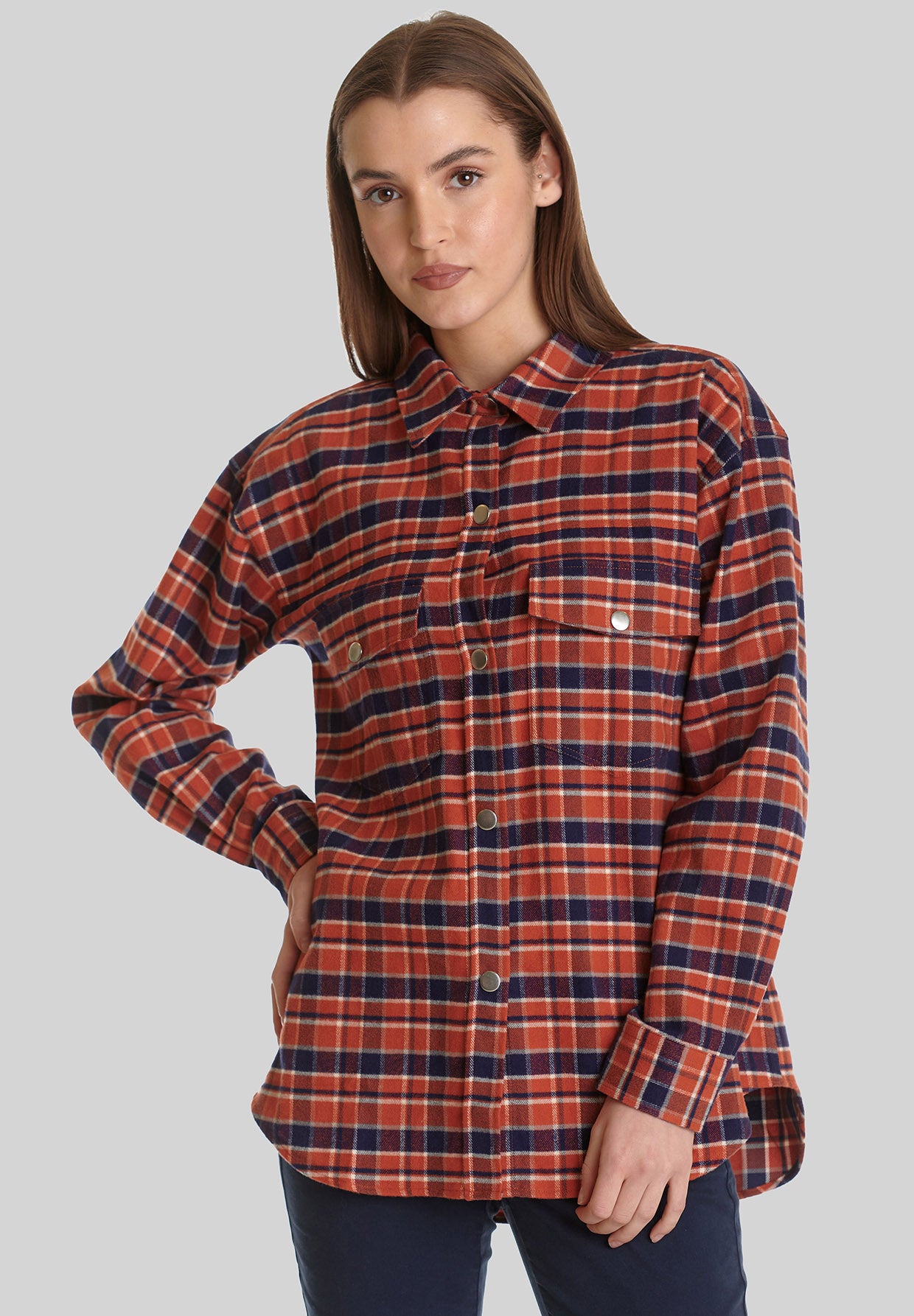 Burned Orange Check: Lässige Hemdjacke aus Bio-Baumwolle für Damen [8212]