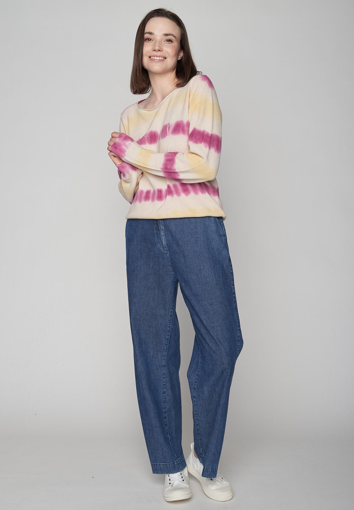 Mauve Yellow Stripes: Gemütlicher Strickpullover aus Bio-Baumwolle für Damen [8567]