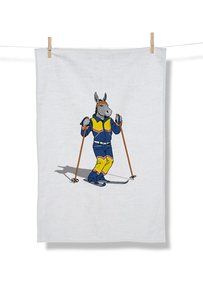 Animal Donkey Ski Tea Towel White