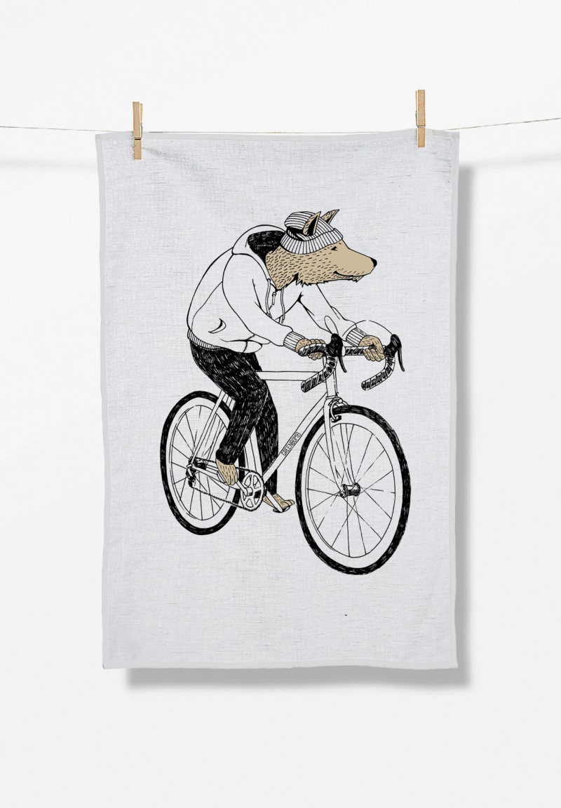 Animal Bike Wolf Tea Towel White
