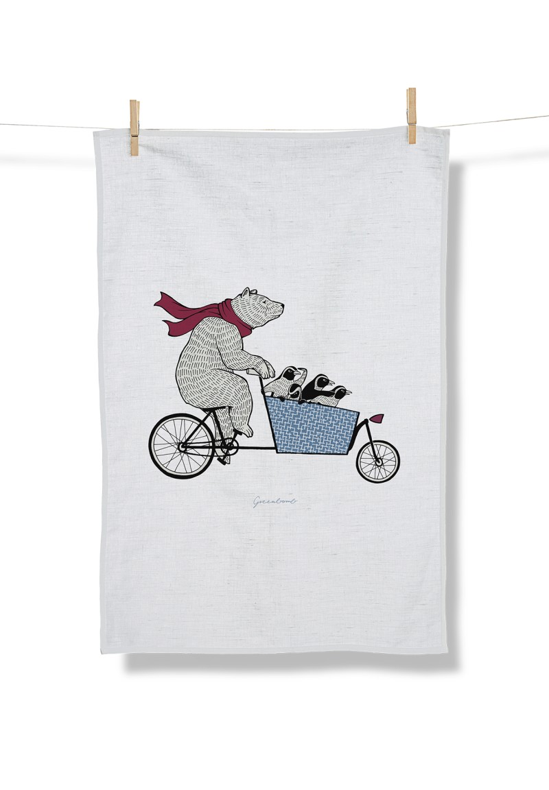 Bike Cargo Bear Tea Towel White