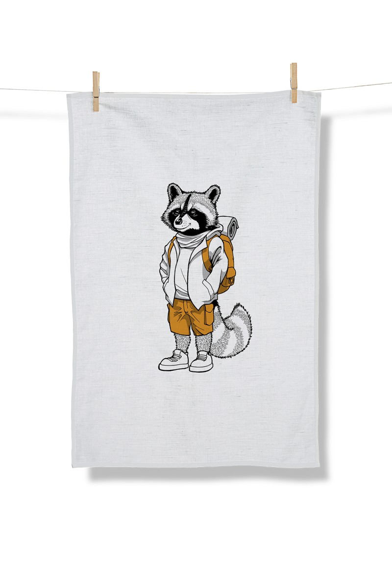 Animal Raccoon Hike Tea Towel White