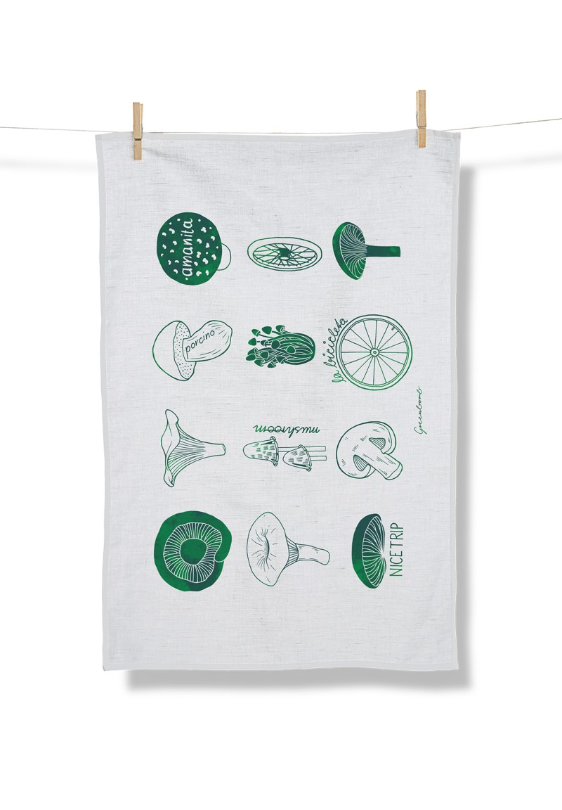 Bike Mushrooms Tea Towel White